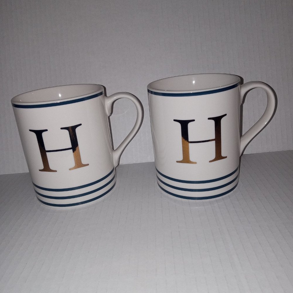 NEW Letter "H" Coffee Mugs Monogram mugs with Gold letter Set of 2